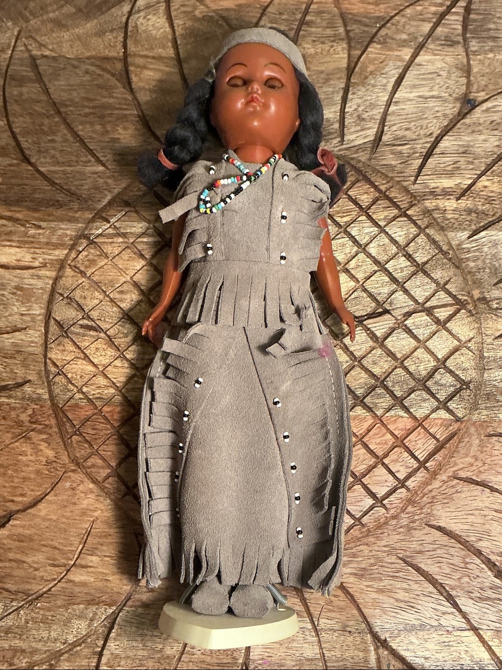 Handcrafted Beaded Fringe Native-Style Girl Doll in Brown Outfit by Native Tribe